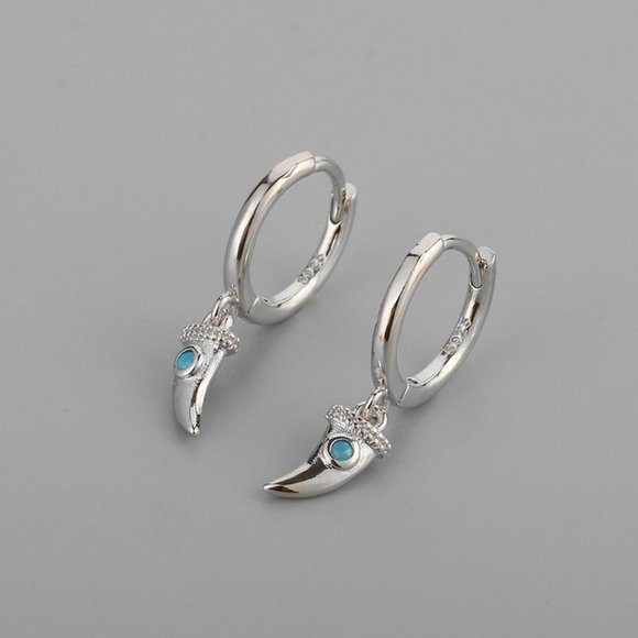 #NEW 925 Sterling Silver Turquoise Horn Drop Round Hoop Earrings - Picture 5 of 7